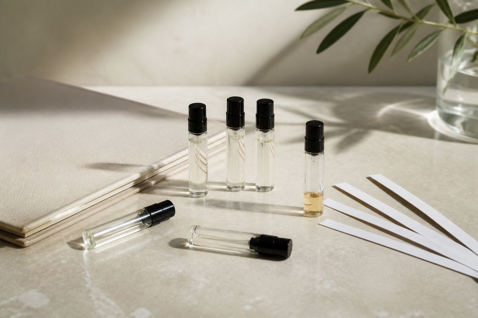 Unbranded perfume sample vials and blotter strips prepared for evaluation